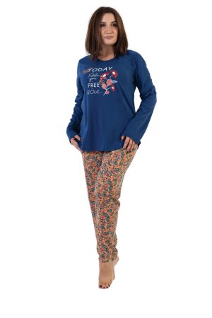 Pijamale dama, Vienetta, Follow You Soul, bumbac, imprimeu floral, bleumarin/corai,