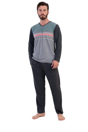 Pijamale barbati, Gazzaz by Vienetta, model Deniss, buzunare, dungi, vernil/gri