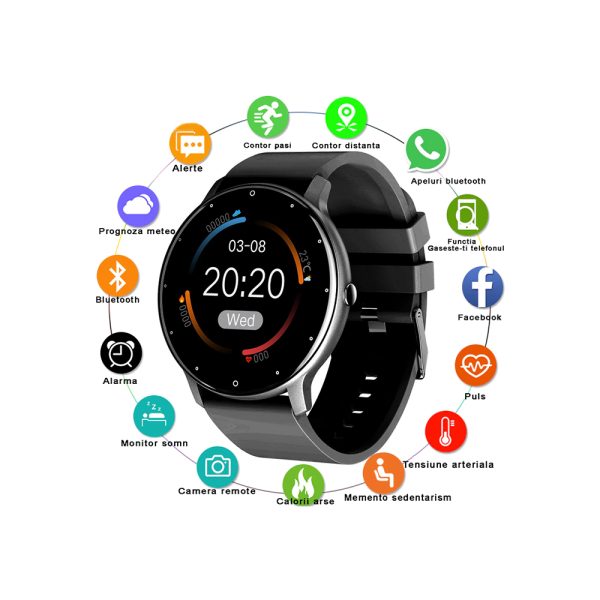 Ceas Smartwatch si bratara fitness, MENZ® , model MNZ14683, Notificari Apeluri/SMS/Social Media, monitorizare activitati fizice, somn, ritm cardiac, pedometru, player, rezistent la apa IP67, negru - imagine 2
