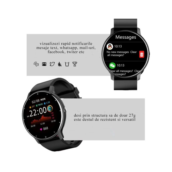 Ceas Smartwatch si bratara fitness, MENZ® , model MNZ14683, Notificari Apeluri/SMS/Social Media, monitorizare activitati fizice, somn, ritm cardiac, pedometru, player, rezistent la apa IP67, negru - imagine 8