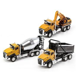 Set 3 masinute de santier, MENZ®, model 3 inginery, camion cu remorca, excavator si betoniera, pullback, galben