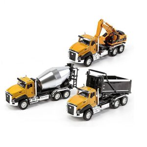 Set 3 masinute de santier, MENZ®, model 3 inginery, camion cu remorca, excavator si betoniera, pullback, galben
