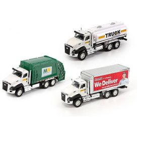 Set 3 camioane, MENZ®, model 3 servicii, camion gunoi, camion combustibil, camion delivery , pullback, usile se deschid