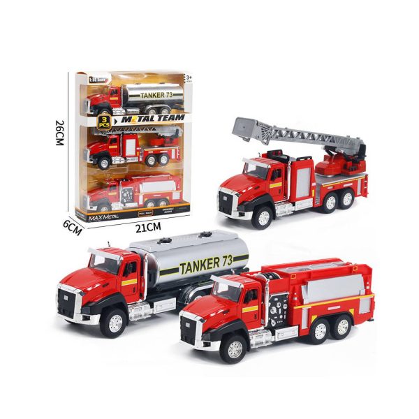Set 3 camioane, MENZ®, model 3 autospeciale, 3 camioane diferite cu functii unice, pullback, usile se deschid, rosu - imagine 2