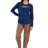 Pijamale dama, Vienetta, Time is now, bluza cu maneci si pantaloni lungi, albastru/corai