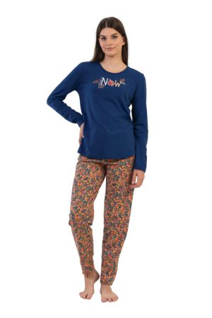 Pijamale dama, Vienetta, Time is now, bluza cu maneci si pantaloni lungi, albastru/corai