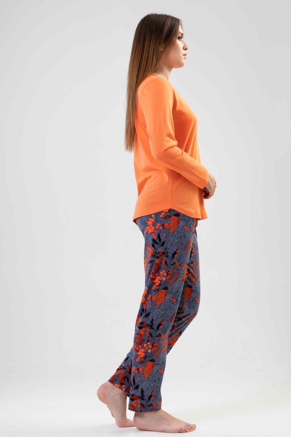 Pijamale dama, Vienetta, Orange Flow, bumbac, buzunare, portocaliu/gri - imagine 3