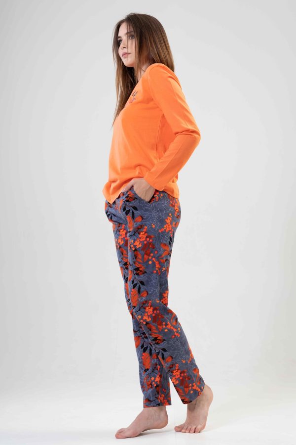 Pijamale dama, Vienetta, Orange Flow, bumbac, buzunare, portocaliu/gri - imagine 4