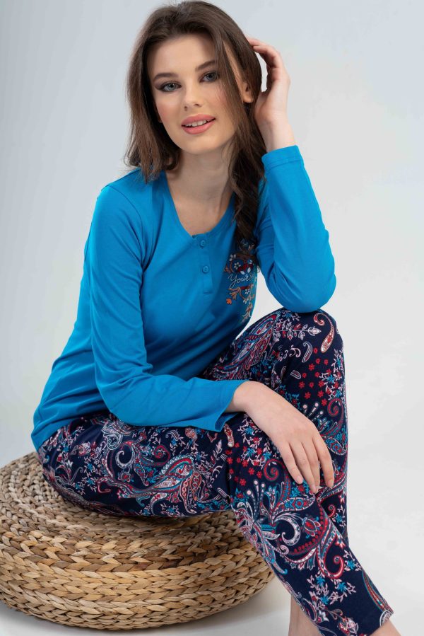 Pijamale dama, Vienetta, Your Feel, bumbac, 2 nasturi, albastru - imagine 4