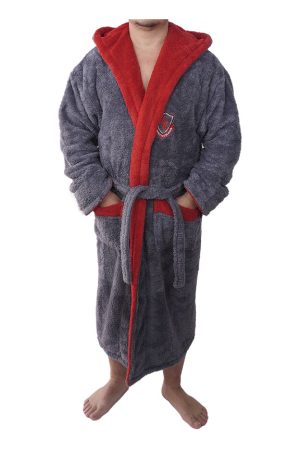 Halat baie barbati, Baray, model 2 STM, cocolino, bumbac, buzunare, gluga, lung, gri/rosu