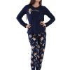 Pijamale dama, Vienetta, model Live your dream, bumbac, mansete, imprimeu ursuleti, bleumarin