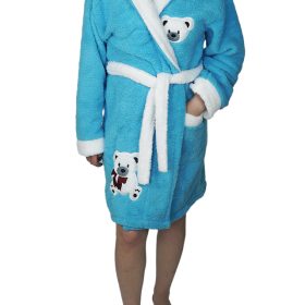 Halat baie, dama, model Bear Blue, buzunar, cocolino, gluga, albastru aquamarin/alb