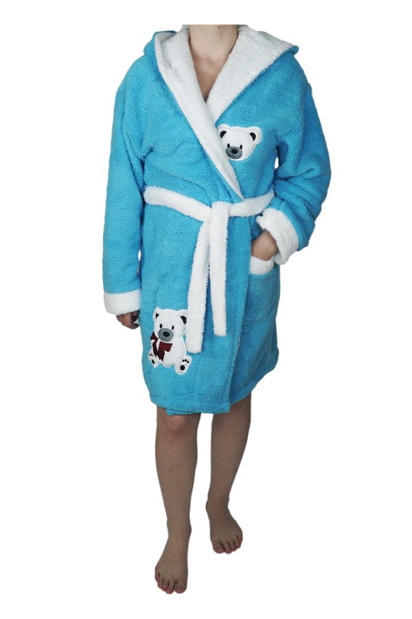 Halat baie, dama, model Bear Blue, buzunar, cocolino, gluga, albastru aquamarin/alb