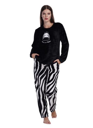 Pijamale dama soft & pure, Vienetta, model Black & White, cocolino, buzunare, negru