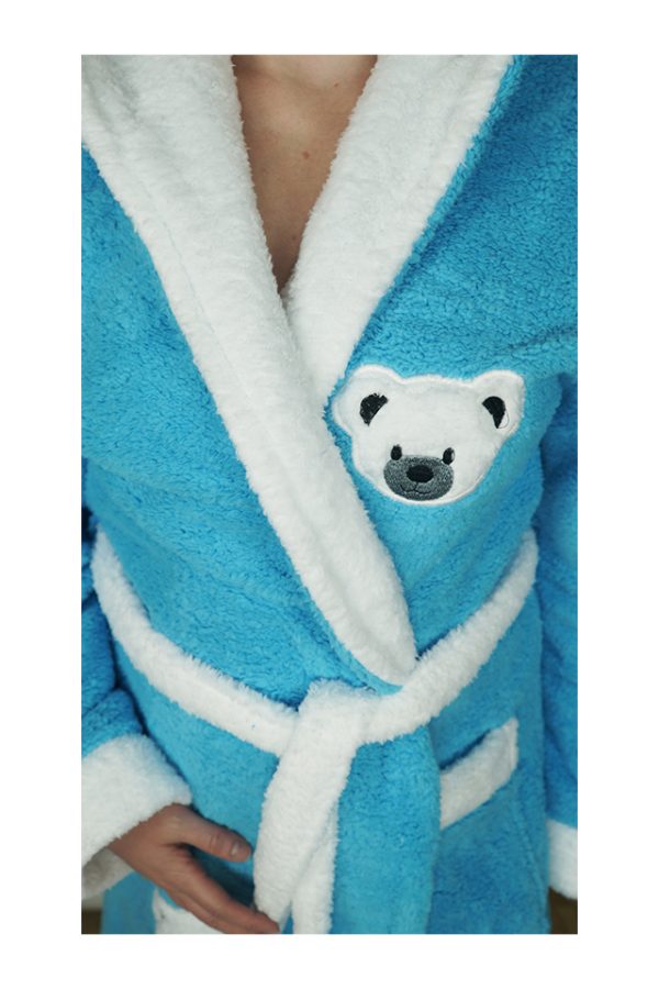 Halat baie, dama, model Bear Blue, buzunar, cocolino, gluga, albastru aquamarin/alb - imagine 5