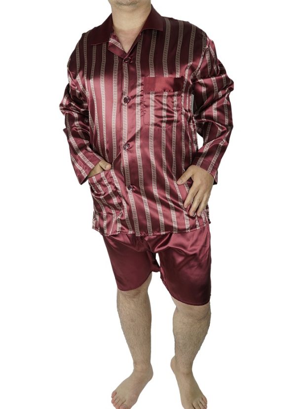 Pijamale barbati 3 piese, MENZ®, model Best Ista, satin, nasturi, buzunare, guler, visiniu - imagine 2
