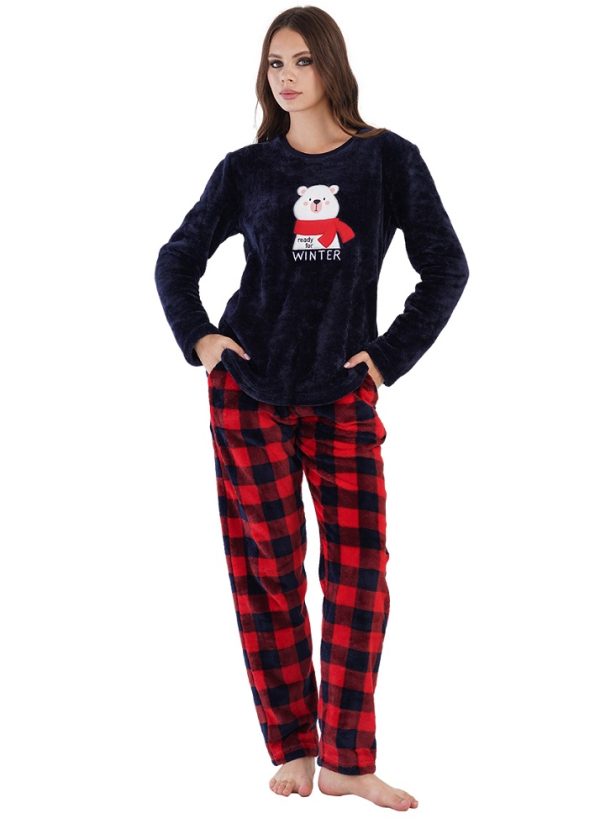 Pijamale dama soft & pure, Vienetta, model Ready For Winter, cocolino, buzunare, bleumarin/rosu