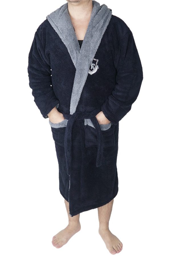 Halat baie barbati, Baray, model 2 STM, cocolino, bumbac, buzunare, gluga, lung, albastru inchis/gri
