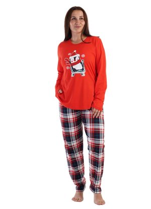 Pijamale dama, Vienetta, model Craciun - Happy pinguil, bumbac, buzunare, rosu/bleumarin