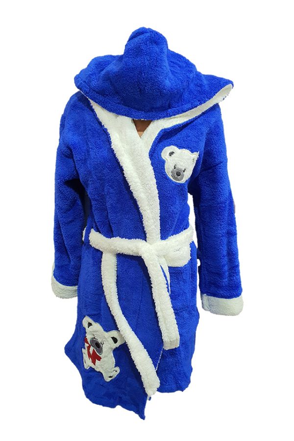 Halat baie, dama, model Bear Blue, buzunar, cocolino, gluga, albastru/alb