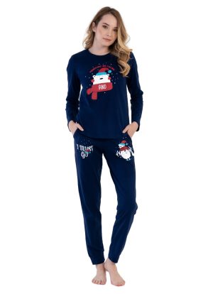 Pijamale dama, Vienetta, model Craciun - I Most Go, bumbac, bleumarin