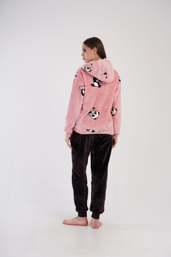 Pijamale dama cocolino, Vienetta, Soft & Pure, model Pretty Lady, mansete, buzunare, gluga ajustabila, roz/negru - imagine 2