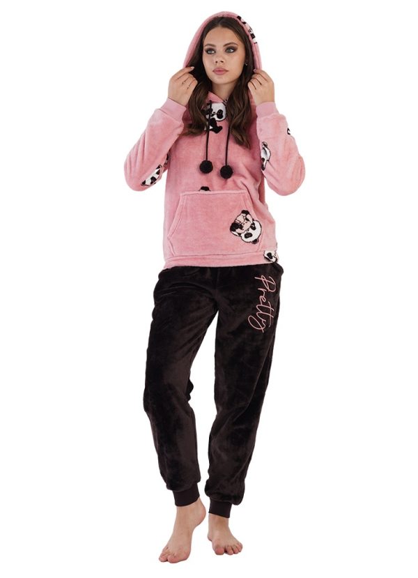 Pijamale dama cocolino, Vienetta, Soft & Pure, model Pretty Lady, mansete, buzunare, gluga ajustabila, roz/negru