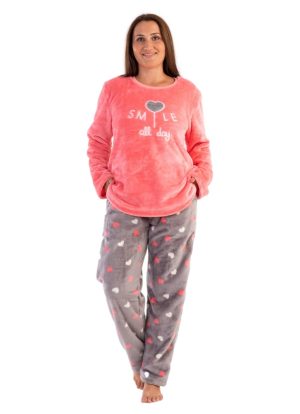 Pijamale dama soft & pure, Vienetta, model Smile all day, cocolino, buzunare, corai/gri
