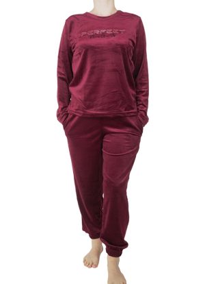 Compleu de casa, dama, MENZ®, model Perfect NGU, catifea, bumbac, mansete, buzunare, visiniu