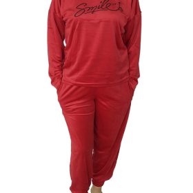 Compleu de casa, dama, MENZ®, model Smile U, catifea, bumbac, buzunare, mansete, rosu