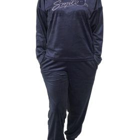 Compleu de casa, dama, MENZ®, model Smile U, catifea, bumbac, buzunare, mansete, bleumarin