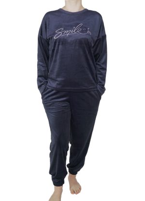 Compleu de casa, dama, MENZ®, model Smile U, catifea, bumbac, buzunare, mansete, bleumarin