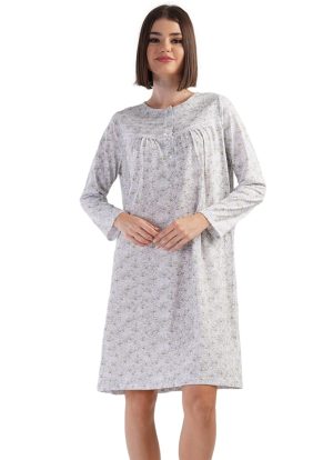 Camasa de noapte, dama, Vienetta, model Arista, maneci lungi, detalii dantela, bumbac, gri