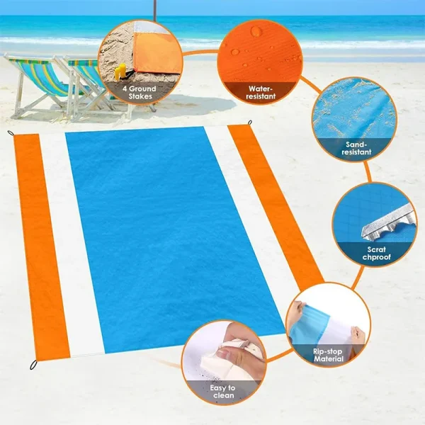 Prosop pentru plaja, MENZ, Towel Beach, impermeabil, anti nisip si multifunctional, ideal pentru familie, portocaliu/albastru, nylon, 200 x 210 cm - imagine 3