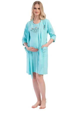 Compleu gravide, Vienetta, model Healty, halat si camasa pentru alaptat, bumbac, turcoaz