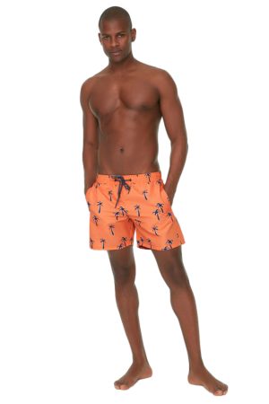 Pantaloni de plaja barbati, MENZ®, model Palms, buzunare, imprimeu, portocaliu