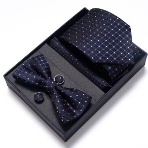 Set elegant 4 piese, MENZ®, model Class, cravata, papion, batista, butoni, bleumarin/rosu