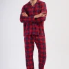 Pijamale barbati Vienetta Man, model Care sleep, bumbac, buzunare, carouri, bluza descheiata in nasturi, bumbac, rosu/bleumarin