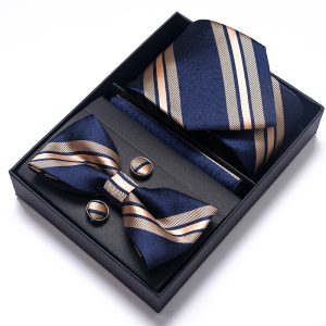 Set elegant 4 piese, MENZ®, model Class, cravata, papion, batista, butoni, bleumarin/bej