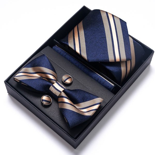 Set elegant 4 piese, MENZ®, model Class, cravata, papion, batista, butoni, bleumarin/bej