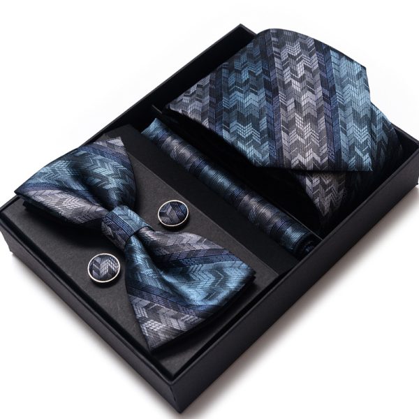 Set elegant 4 piese, MENZ®, model Class, cravata, papion, batista, butoni, albastru/gri