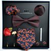 Set elegant 8 piese, MENZ®, model Gift, cravata, ac cravata, papion, 2 batiste, butoni, ornamente rever, bleumarin/portocaliu