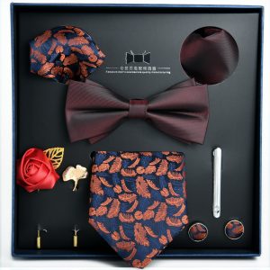 Set elegant 8 piese, MENZ®, model Gift, cravata, ac cravata, papion, 2 batiste, butoni, ornamente rever, bleumarin/portocaliu