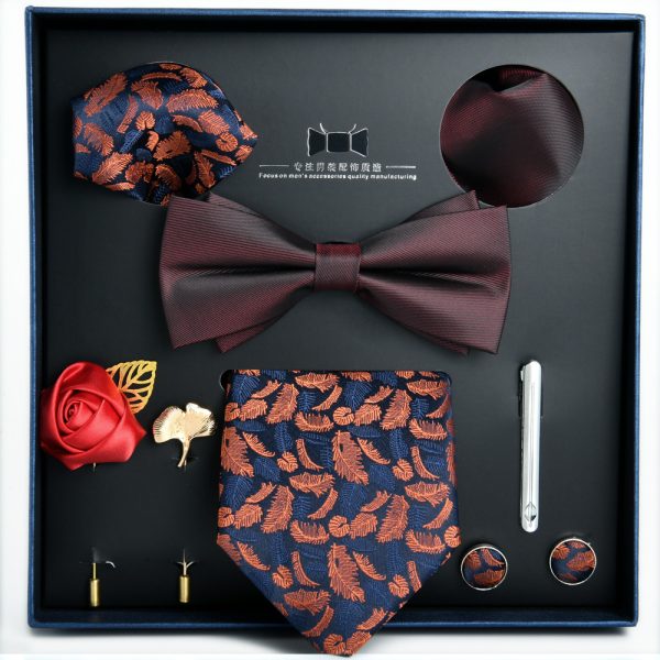 Set elegant 8 piese, MENZ®, model Gift, cravata, ac cravata, papion, 2 batiste, butoni, ornamente rever, bleumarin/portocaliu