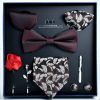 Set elegant 8 piese, MENZ®, model Gift, cravata, ac cravata, papion, 2 batiste, butoni, ornamente rever, maro/visiniu