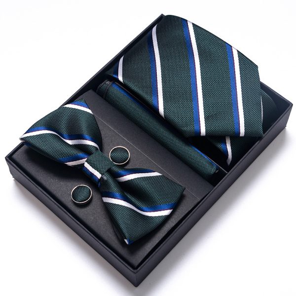 Set elegant 4 piese, MENZ®, model Class, cravata, papion, batista, butoni, verde/alb
