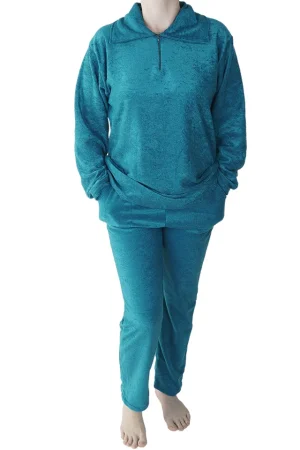 Pijamale dama, Baray, model Lara Petrol Green, prosop usor vatuit, bumbac, pantaloni lungi si maneci lungi, buzunare, verde petrol