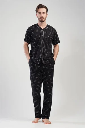 Pijamale Barbati, Gazzaz by Vienetta, model Spotted NYK, bumbac, nasturi, buzzunare, negru