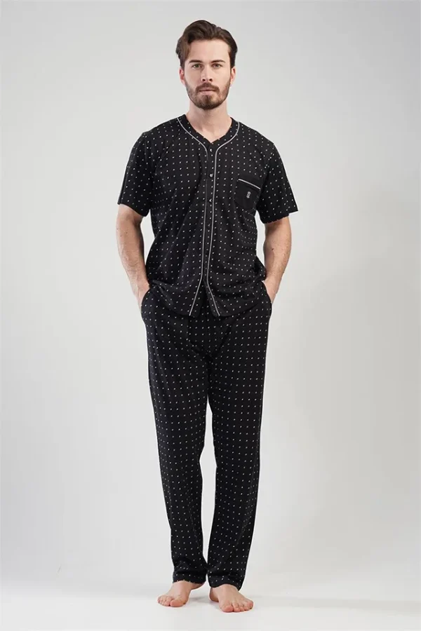 Pijamale Barbati, Gazzaz by Vienetta, model Spotted NYK, bumbac, nasturi, buzzunare, negru
