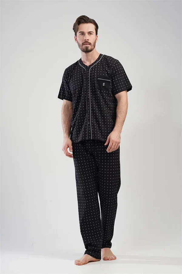 Pijamale Barbati, Gazzaz by Vienetta, model Spotted NYK, bumbac, nasturi, buzzunare, negru - imagine 2